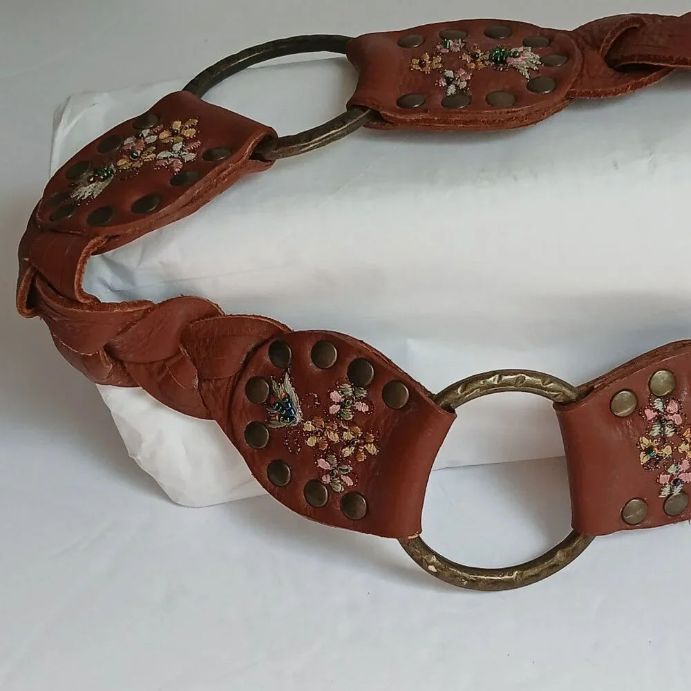 Vintage Brown  Studded Leather Embroidered Floral Beaded  Brass Ring Belt